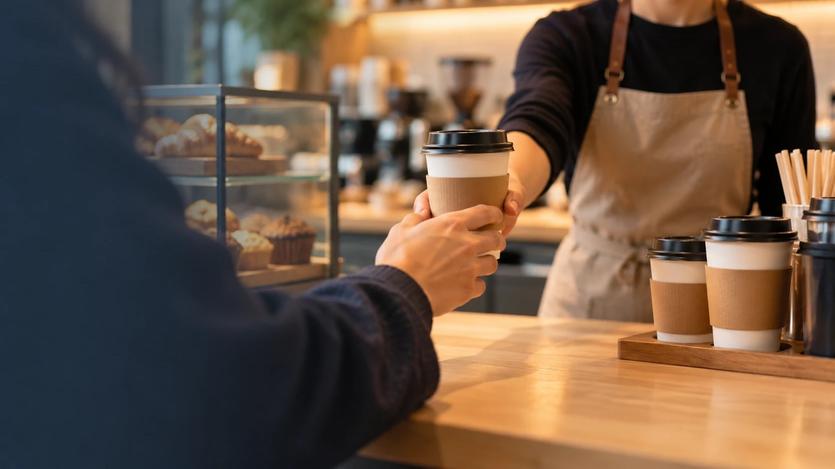En barista räcker en kund en kaffe att ta med vid disken på ett kafé