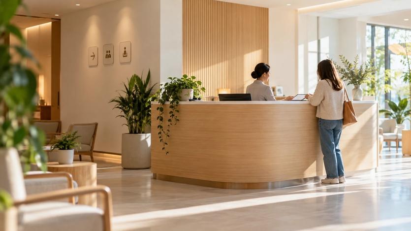 En receptionist hjälper en besökare vid receptionsdisken i en kliniks entréhall