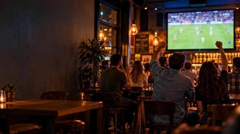 In een pub op een avond steken supporters, van achteren gezien, hun vuist in de lucht bij een voetbalwedstrijd op een groot scherm