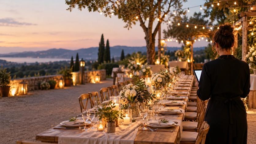Au coucher du soleil, une wedding planner vue de dos consulte sa tablette près d’une longue table de mariage dressée en terrasse, avec bougies, fleurs blanches et guirlandes lumineuses, face à la mer