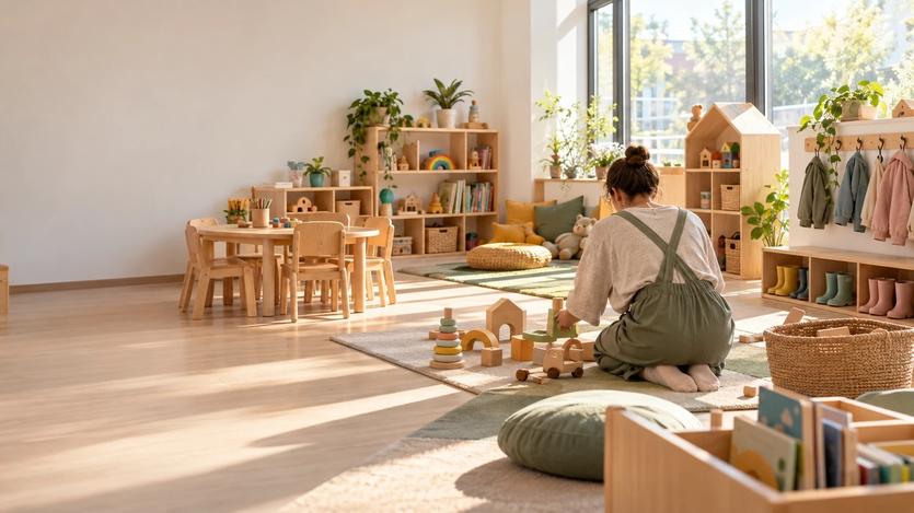 På morgonen lägger en pedagog, sedd bakifrån, fram träleksaker på en lekmatta i ett ljust lekrum, nära låga hyllor, en läshörna och små gummistövlar på rad under klädkrokarna