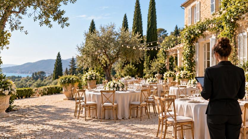 La terrazza di una tenuta in pietra allestita per un ricevimento: tavoli rotondi con tovaglie bianche, sedie in legno, mazzi di fiori bianchi, ulivi, cipressi e luci a festone, il mare in lontananza e, di spalle, una coordinatrice con un tablet in mano